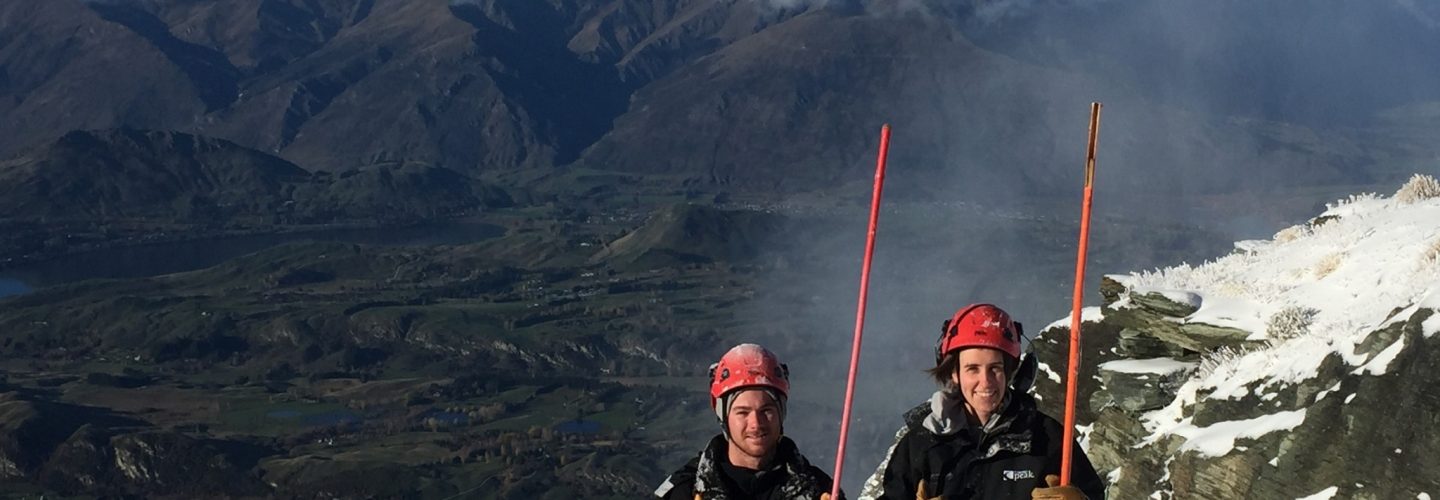 Happy Coronet Peak snow making team members Jake Reilly L and Lucy Ruck R
