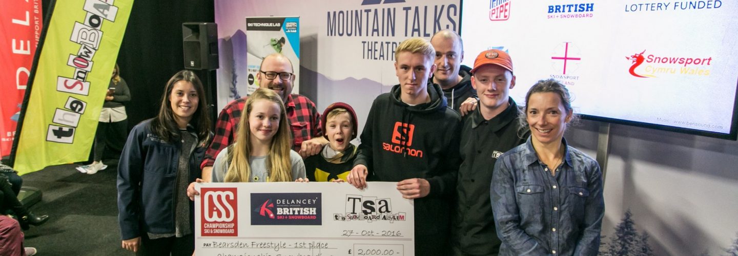 Overall Championship Snowboarding Winners 2016 Bearsden Freestyle with Ruth Chan from Delancey Jeremy Sladen from TSA Lesley McKenna from GB Park and Pipe credit James North final