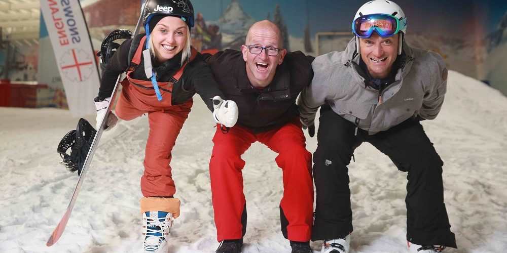 National Schools Snowsport Week ambassadors Aimee Fuller Eddie the Eagle and Graham Bell at The Snow Centre Hemel