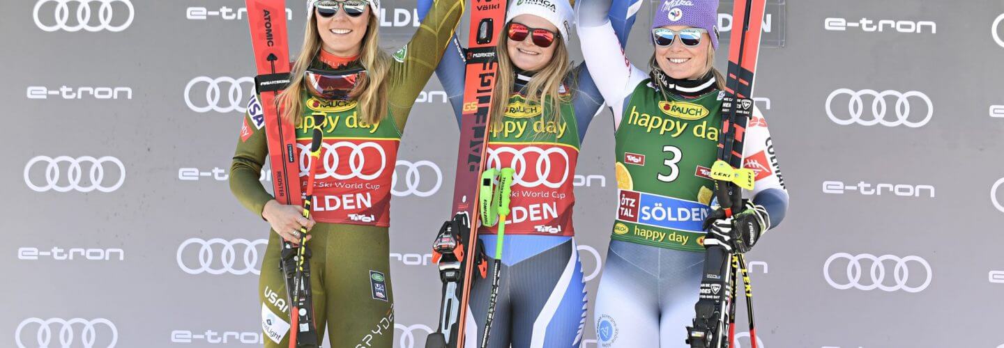 FIS World Cup Solden Womens Giant Slalom Bollé Athlete Alice Robinson Winner middle Bollé Athlete Tessa Worley 3rd right ©Agence Zoom